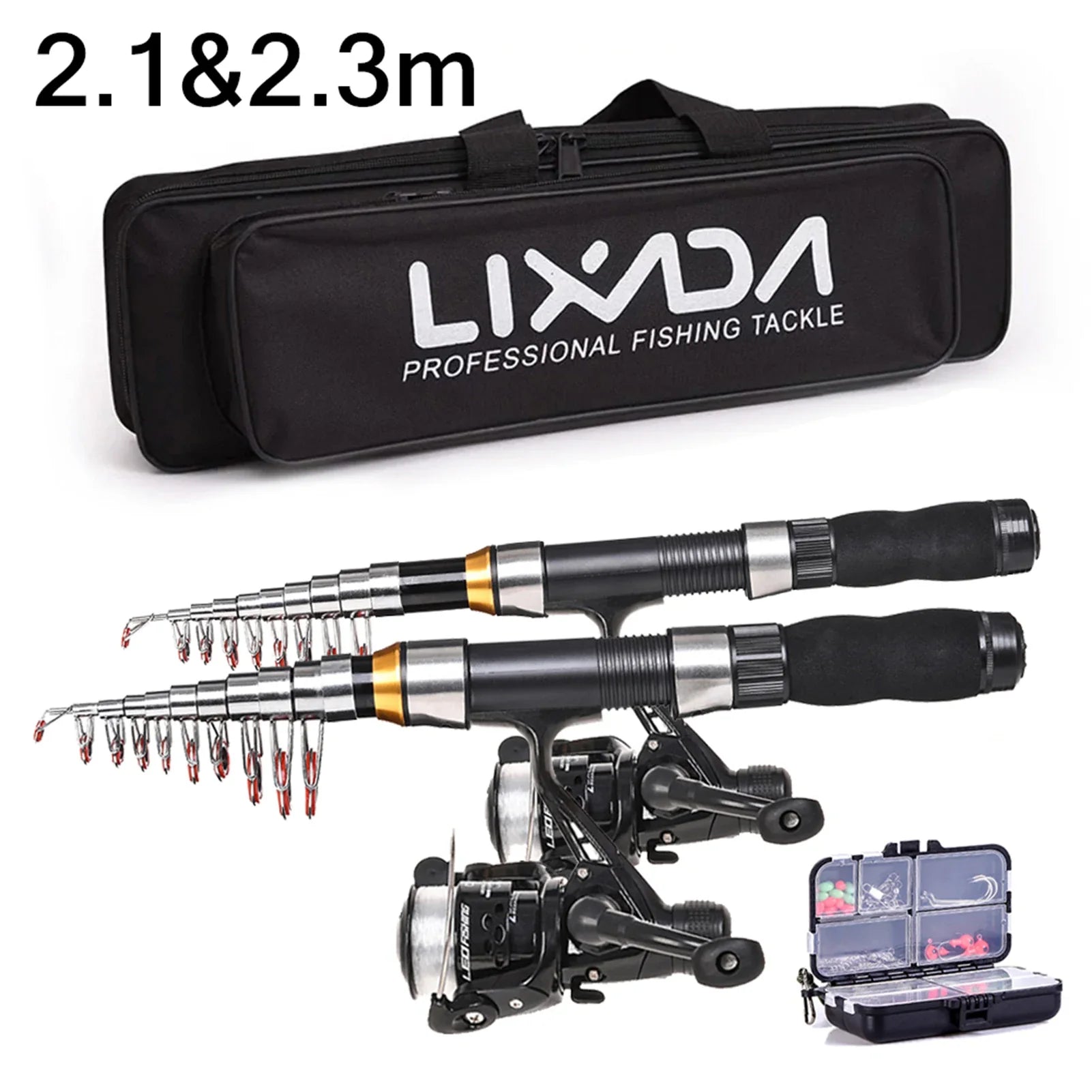 NNEOBA 2.1m / 2.3m Telescopic Fishing Rod & Reel Combo Full Kit Black-1
