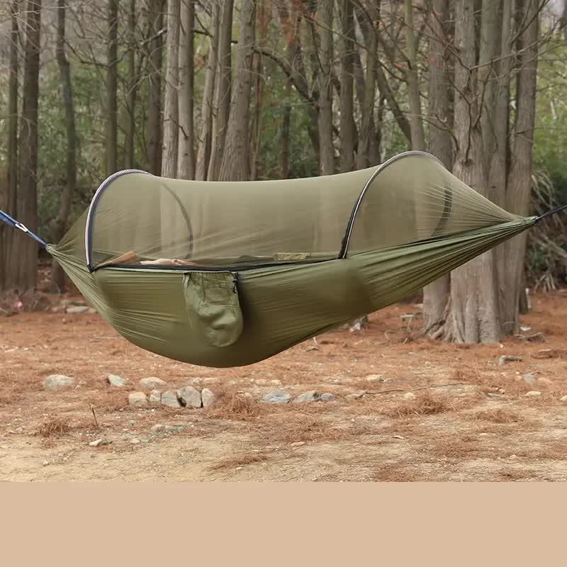 NNEDSZ Military Green Outdoor Camping Hammock with Mosquito Net, Anti-Tip Nylon Fabric, Single/Double Person Quick-Setup Hammock-0