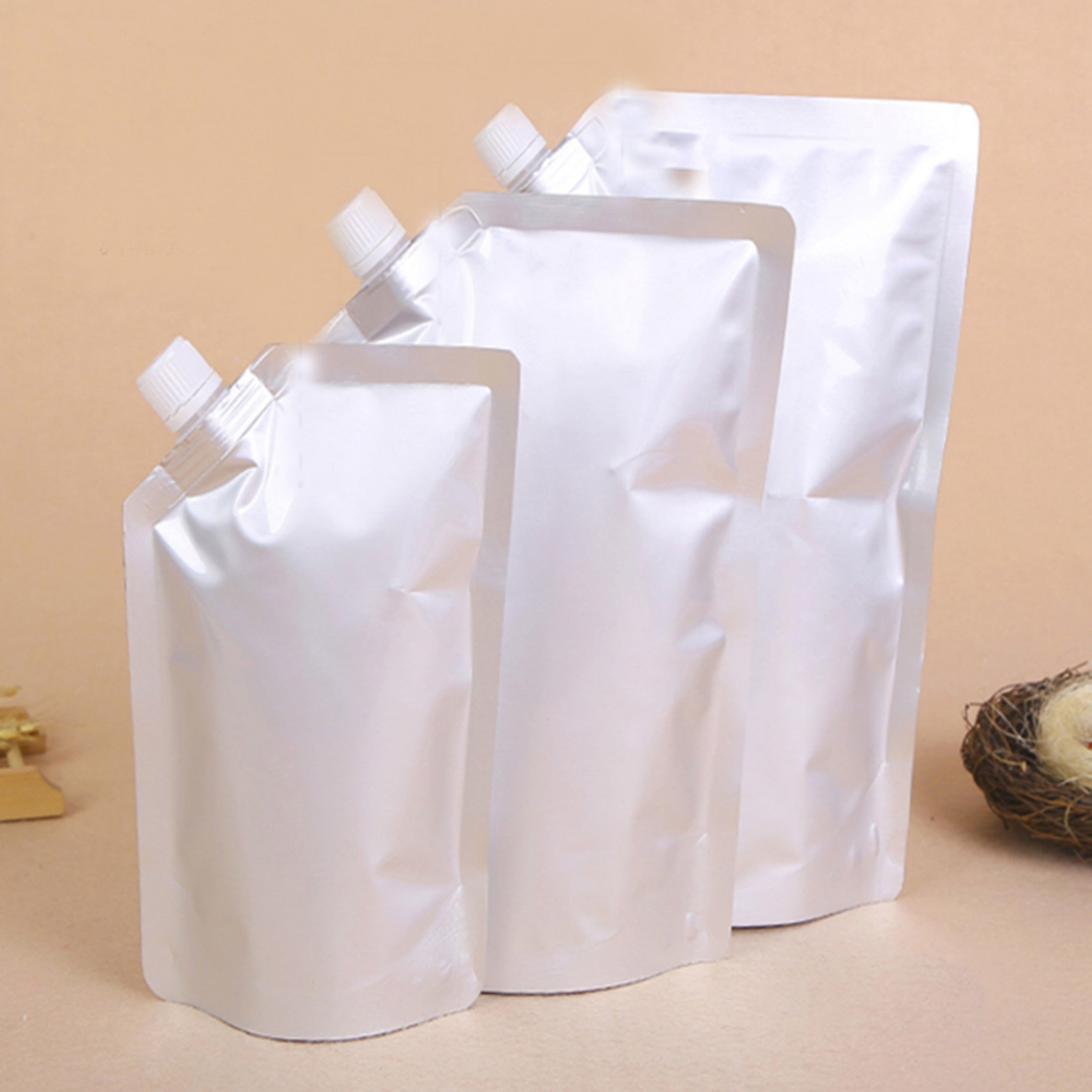 50pcs Reusable Beverage Nozzle Storage Bags Silver Stand Up Spout Pouches Metallic Mylar Milk Package Bags With Free Gift Funnel-0