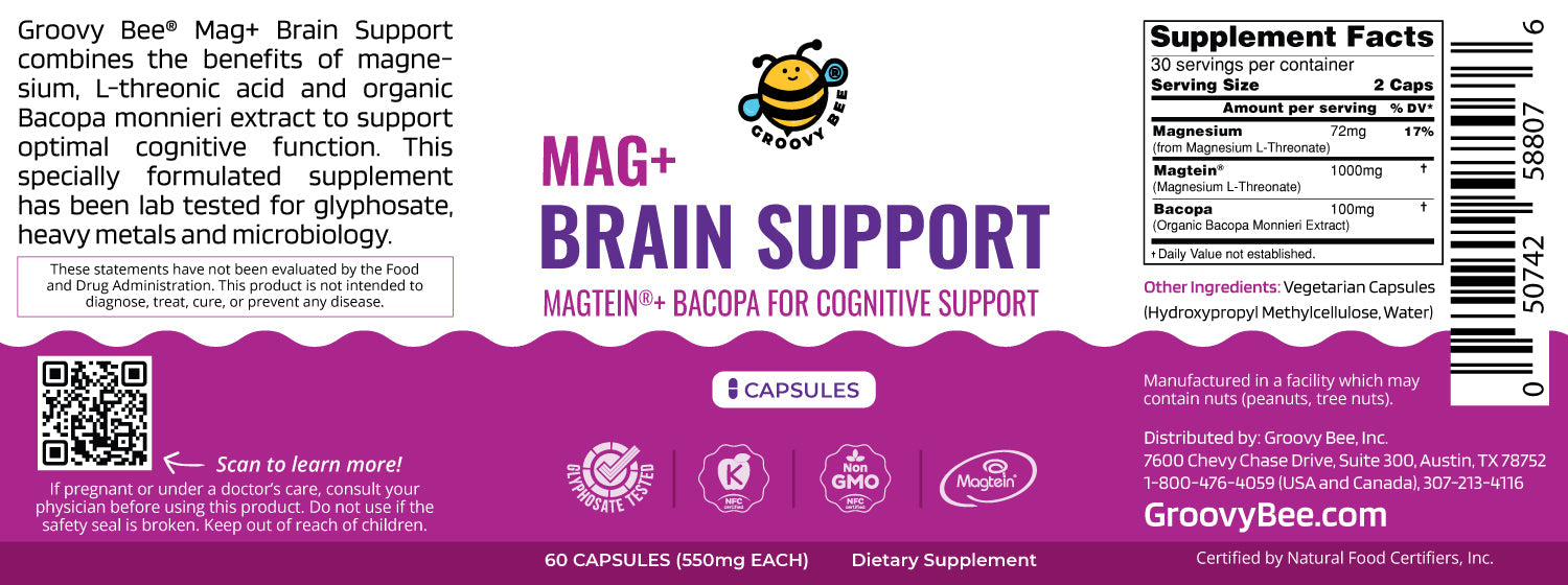 Mag+ Brain Boost Nootropic (Magtein + Bacopa for Cognitive Performance) 60 Capsules (550mg Each)