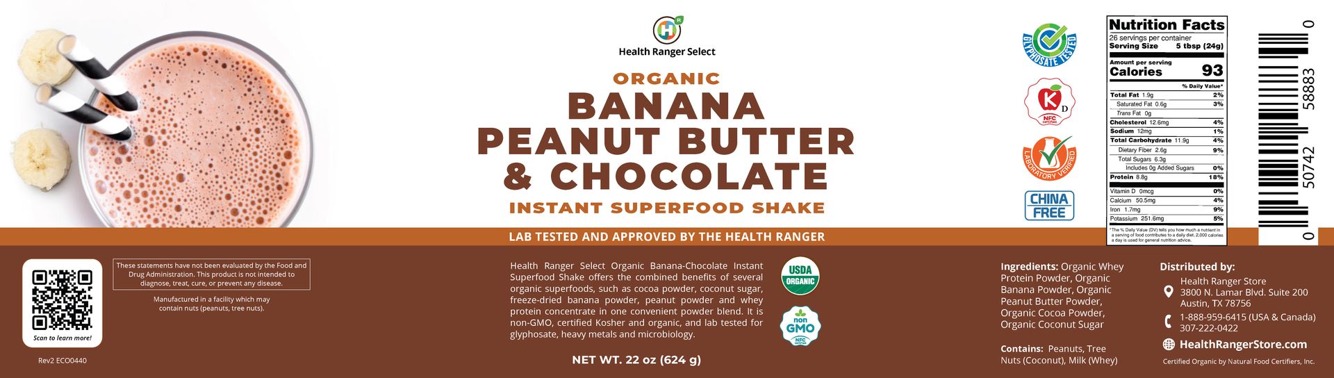 Organic Banana Peanut Butter & Chocolate Instant Superfood Shake  22 oz (624g)