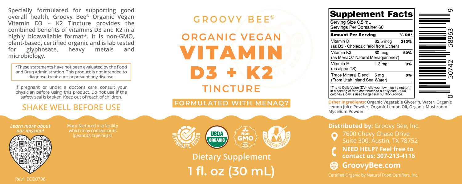 Organic Vegan Vitamin D3 + K2 Tincture (Formulated with MenaQ7) 1 fl. oz (30 ml)