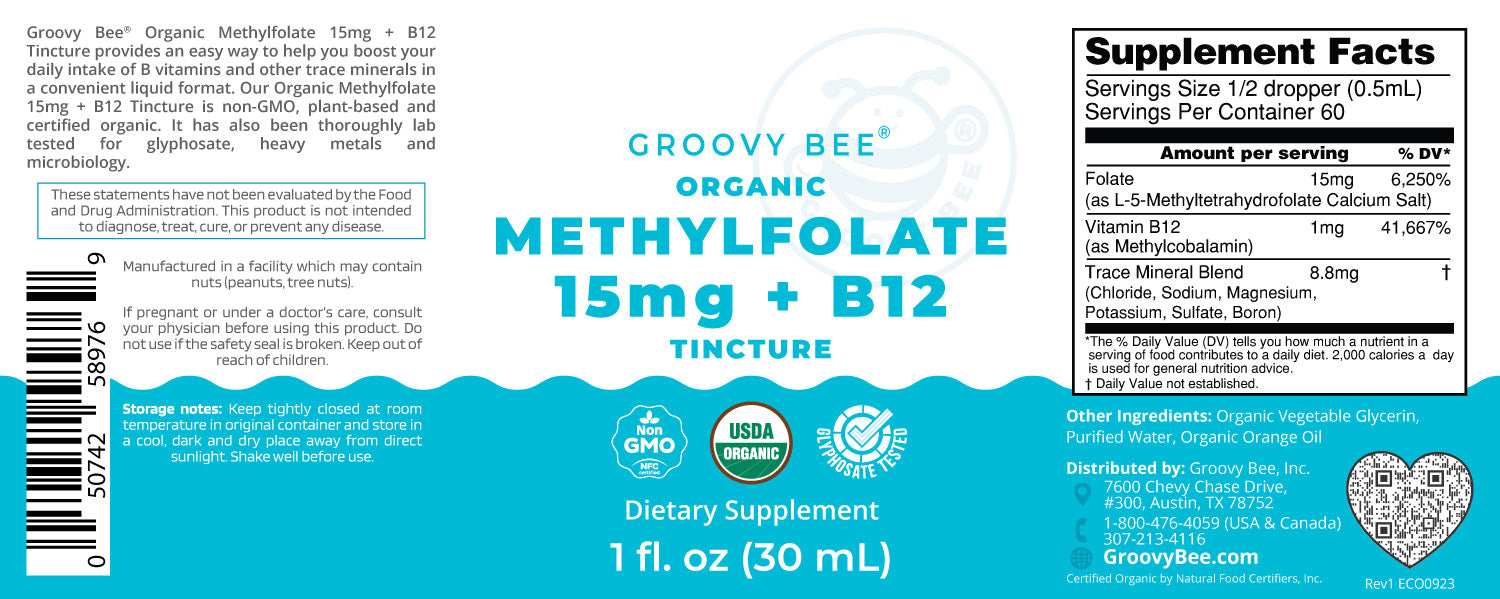 Organic Methylfolate 15mg + B12 Tincture 1 fl oz (30mL)