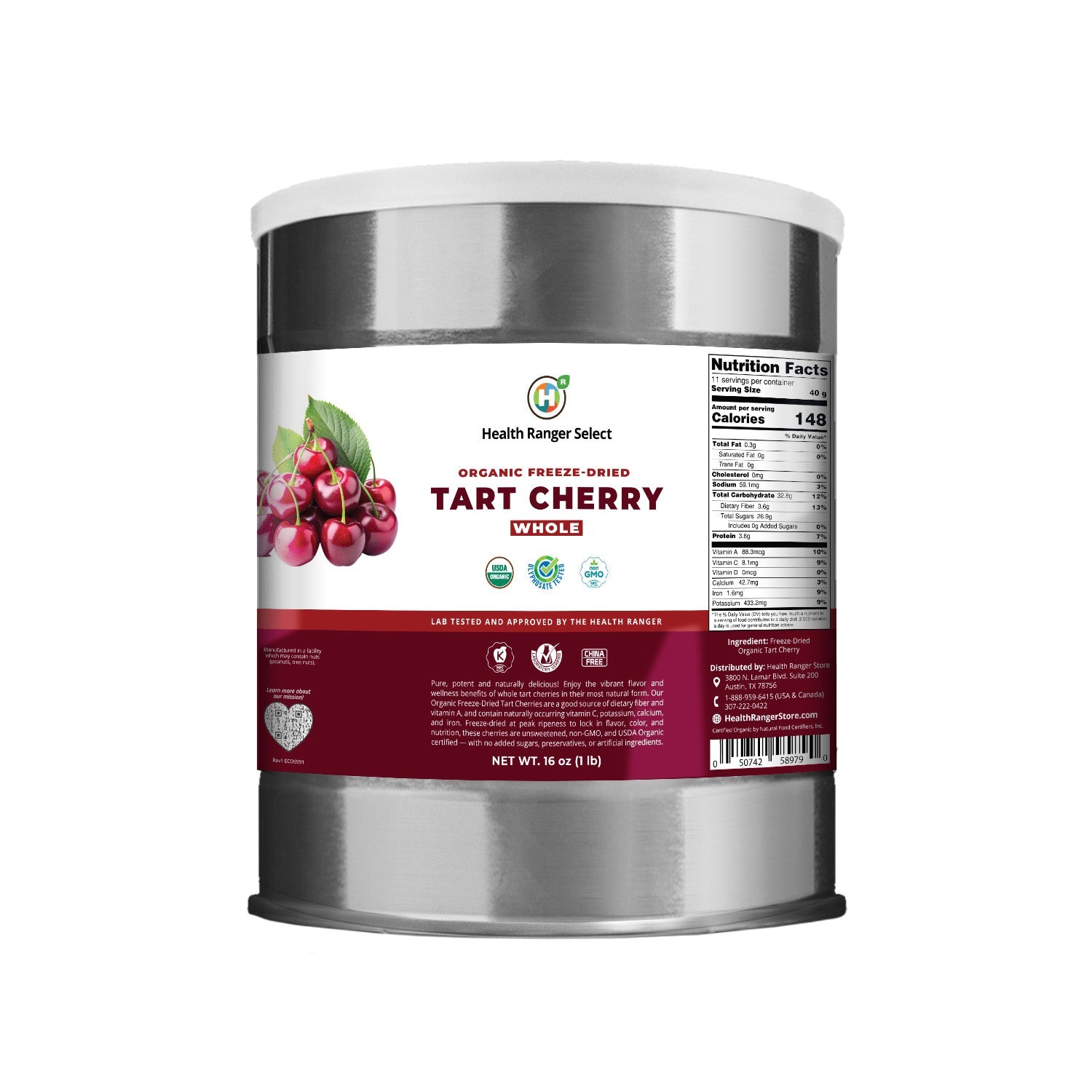 Organic Freeze-Dried Tart Cherry Whole 16 oz (1 Lb) #10 Can (2-Pack)
