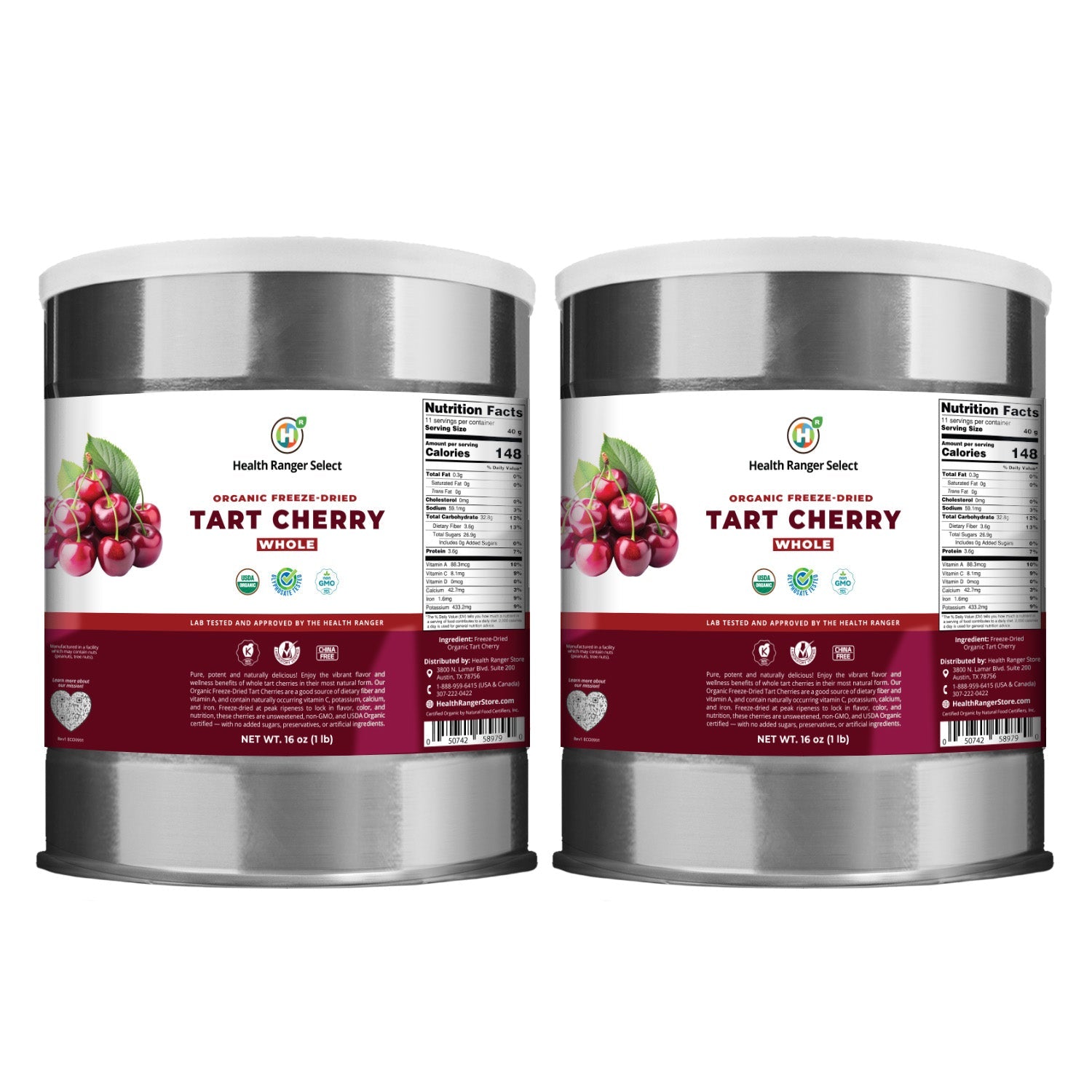 Organic Freeze-Dried Tart Cherry Whole 16 oz (1 Lb) #10 Can (2-Pack)