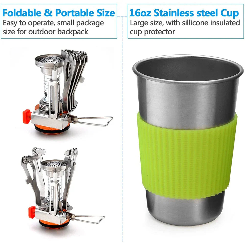 Camping Cookware Kit with Stove Green-2