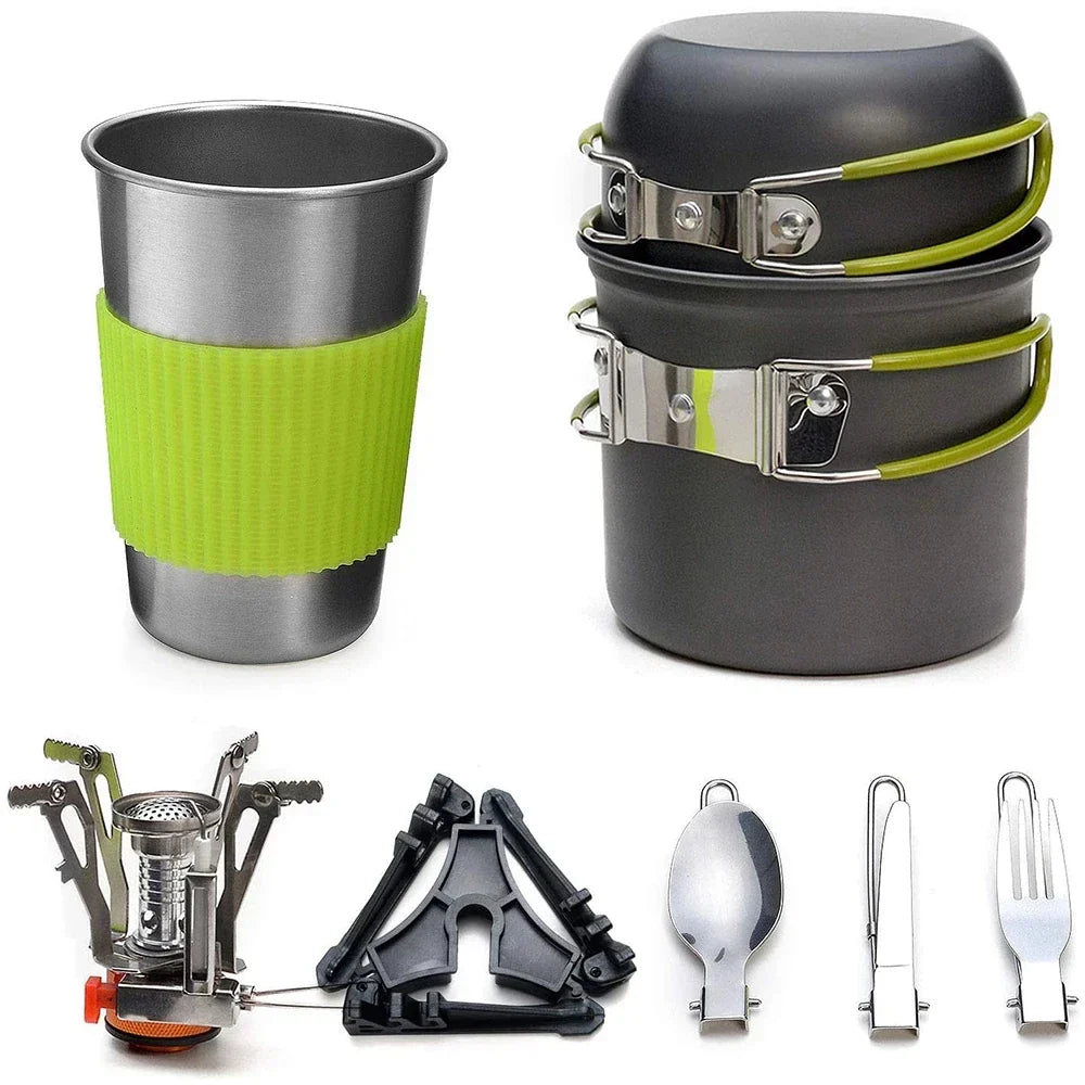 Camping Cookware Kit with Stove Green-0