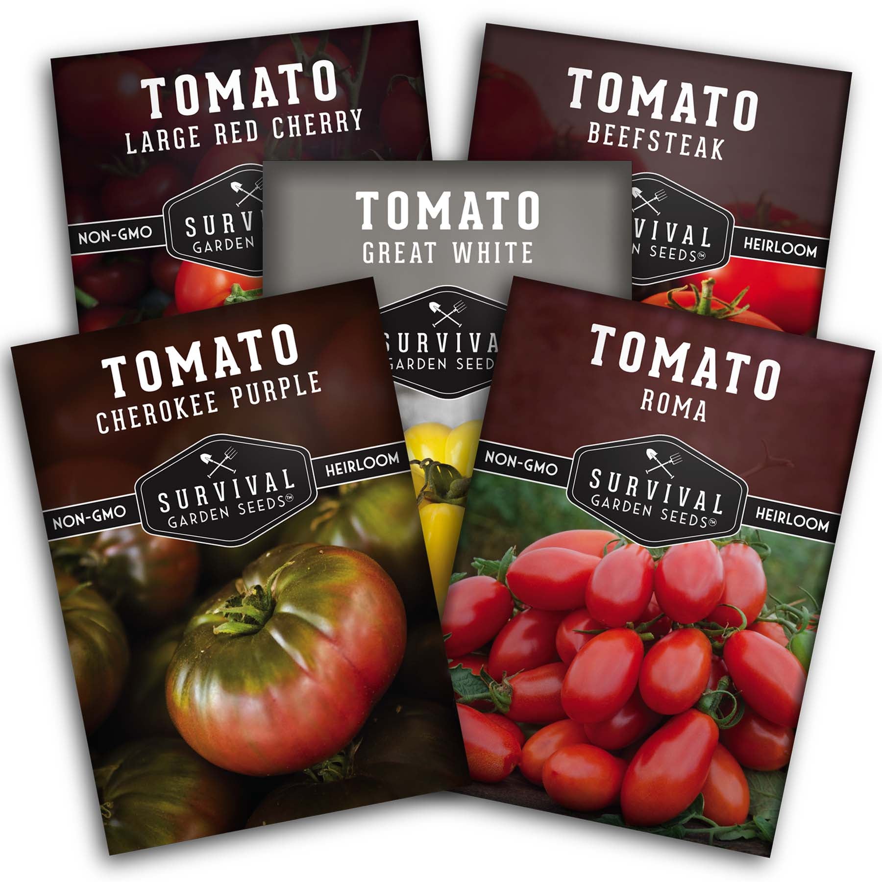 5 Tomato Collection -  Cherokee Purple, Roma, Large Red Cherry, Great White, & Beefsteak
